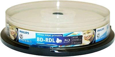 10 PHILIPS Blank 6X Blu-Ray BD-R BDR DL 50GB White Inkjet Hub Printable Disc  - Image 1 of 3