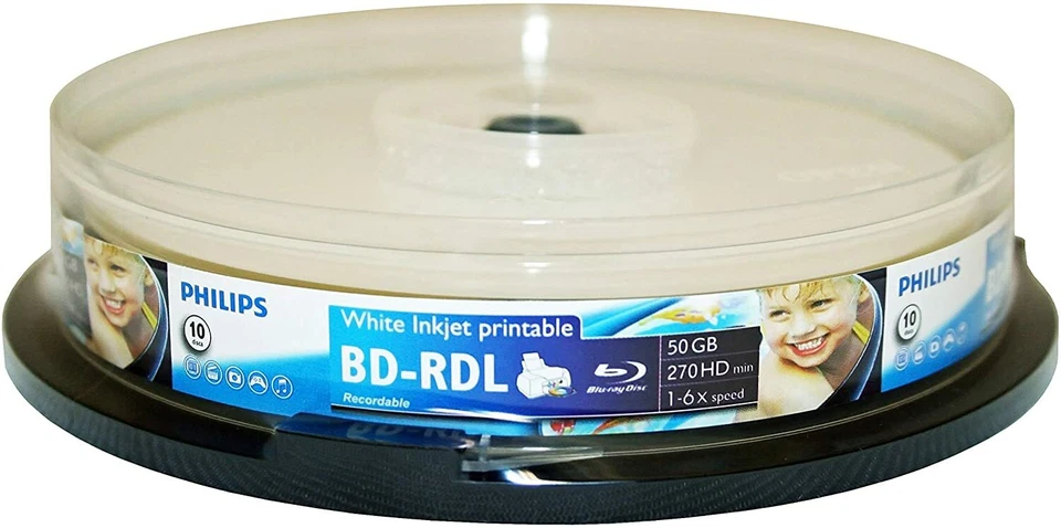 10 PHILIPS Blank 6X Blu-Ray BD-R BDR DL 50GB White Inkjet Hub Printable Disc  - Image 1 of 3