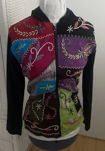 Hoodie Patchwork Colorful Front Hand Embroidered/Black Nepal Hippie Boho Sz S - Picture 1 of 18
