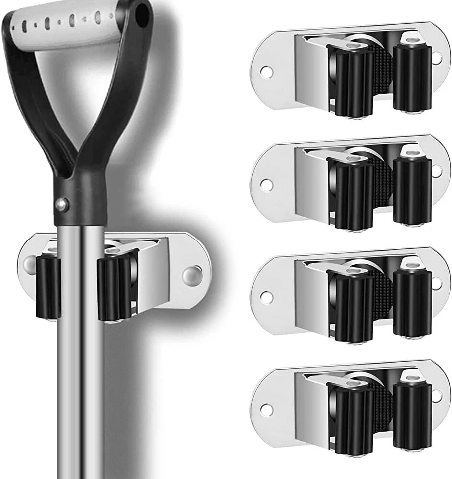 MOP and Broom Holder Wall Mount Heavy Duty Stainless Steel 4 Pack