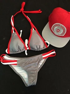 Jelly Swimwear Caged Gray/Scarlet/White Halter & Scrunch Bikini Size Medium - Picture 1 of 6