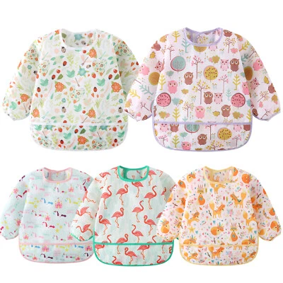 HAIMOBURG 5 Pcs Long Sleeved Baby Toddler Bibs Waterproof Sleeved Shirt Bib 3-24 Months