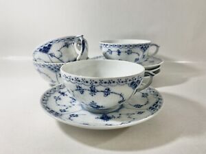 4 x tasses à thé et soucoupes demi-dentelles Royal Copenhagen bleu cannelé 525