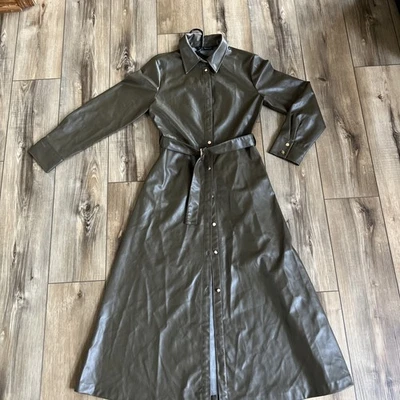 ZARA WOMEN’S M OLIVE GREEN ROSE GOLD BUTTONS FAUX LEATHER SHIRT DRESS WITH BELT - Image 1 of 4