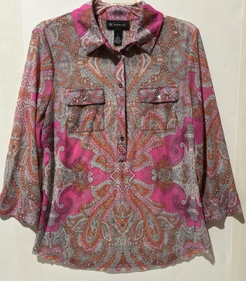 INC Blouse Women Sz L Pink Paisley Auntie Henley Pop Over Collared Casual Sassy - Image 1 of 4