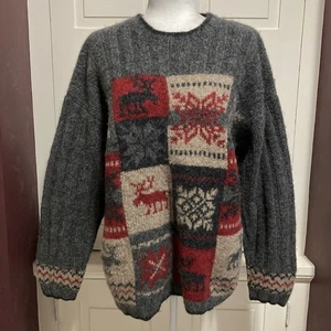 Woolrich Women’s Size L Pullover Gray Red Reindeer Fair Isle Wool Sweater - Picture 1 of 6