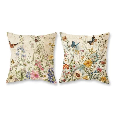 Spring Floral Pillow Covers 20x20 Inch Set of 2 Wild Flowers Plant Butterfly ... - Image 1 of 4
