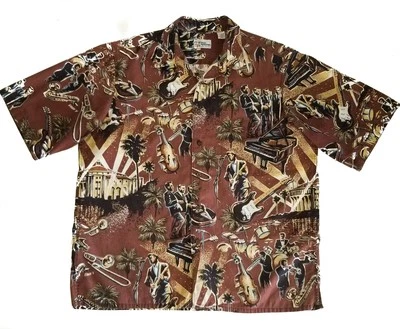 REYN SPOONER Hawaiian Aloha Shirt EDDY Y Vtg Brown Cotton Jazz Blues Guitar LG - Image 1 of 4