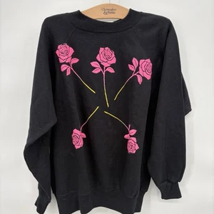 Vintage 80’s Ultra Sweats Black Crew Neck With Rose Puff Graphic Size Large - Picture 1 of 8