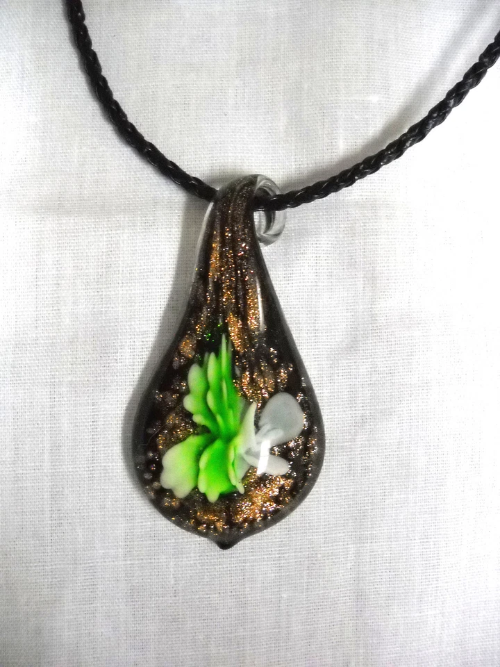 BLACK w BRONZE SHIMMER & WHITE FLOWER GLASS PENDANT BLACK WEAVE CORD NECKLACE  - Image 1 of 1