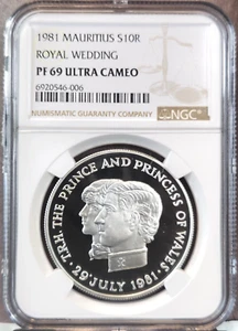 1981 MAURITIUS SILVER 10 RUPEES ROYAL WEDDING NGC PF 69 ULTRA CAMEO SCARCE COIN - Picture 1 of 3