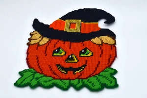 Halloween Beistle Style Pumpkin Cross Stitch Decoration Vintage Hand Made - Picture 1 of 2