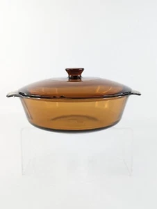 Cazuela redonda vintage de vidrio marrón ámbar FIRE KING #437 con tapa 1 1/2 qt - Imagen 1 de 7
