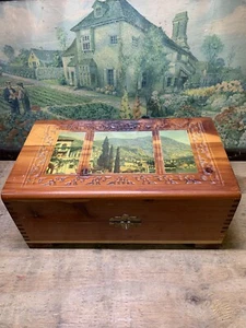 Antique Wooden Scenic Dovetailed Footed Jewelry Trinket Keepsake Box with Mirror - Picture 1 of 10