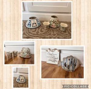 Lot Of 6 Items-Beach Theme Candle Jar Shade Toppers, Votive Holders, Plaque/Sign - Picture 1 of 1