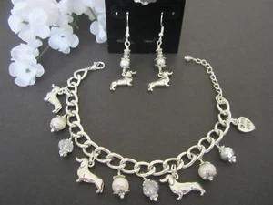 Dachshund Wiener Dog Charm Bracelet & Earrings with F. Water Pearls & Crystals - Picture 1 of 4