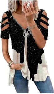 Women's Cold Shoulder Tops Tee Sexy Summer V Neck Loose T Shirts Casual Short Sl - Picture 1 of 1