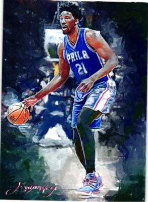 Подлинная подписанная художником печатная карточка Джоэла Эмбиида 2019 ограниченный выпуск 47 из 50. - Изображение 1 из 4