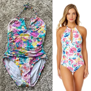 Traje de baño Anne Cole cuello alto talla 10 volantes una pieza floral acanalado pasteles - Imagen 1 de 12