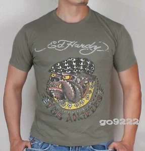NWT-Authentic Men's Ed hardy Bulldog Kaki Slim S/S T-shirts Tee Size S - Picture 1 of 4