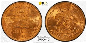MONEDA DE 20 CENTAVOS DE MÉXICO 1960-MO PCGS MS66RD SIN CIRCULAR DETALLADA SOLO 2 CALIFICADOS SUPERIORES - Imagen 1 de 1
