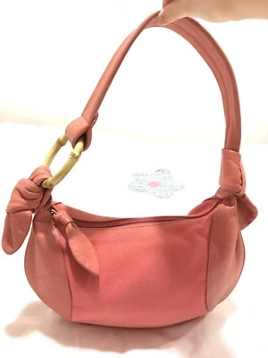 Lancel Paris Bamboo Ring Coral Orange Hobo Leather Canvas Shoulder Bag - Image 1 of 4
