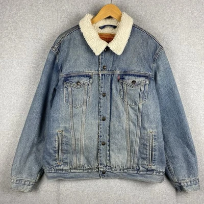 Levis Denim Jacket Mens L Blue Sherpa Lined Type 3 Trucker Faux Fur Snap Close - Image 1 of 4