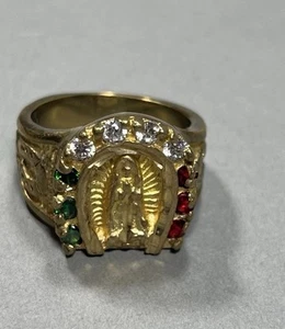 VERGOLDETER HERRENRING NUGGET RELIGIÖSE JUNGFRAU MARIA 3 FARBEN Mexiko CZ - Bild 1 von 2