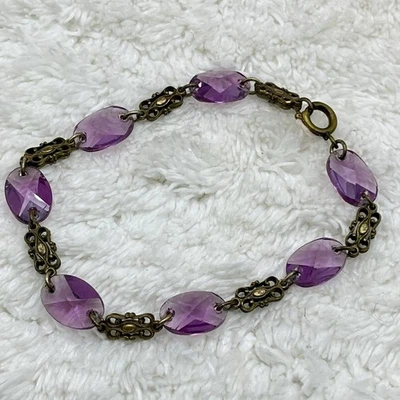 Purple Faceted Glass Chain Bracelet Faux Amethyst Fits 8.25" Wrist READ - Image 1 of 4