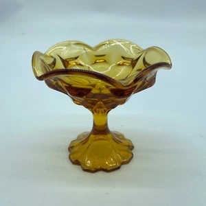 Amber Glass Candy Dish Pedestal Bowl Scalloped Edge Vintage Decor 5" - Picture 1 of 6