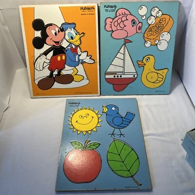 Vintage Disney 3 Wooden Playskool Puzzles Mickey Donald Colors For My Bath Duck - Image 1 of 4
