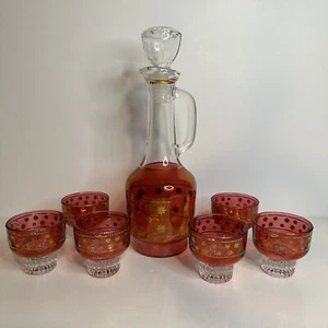 Vintage Cranberry Glass Decanter W/Handle And Stopper Plus 6 Cordial Glasses - Picture 1 of 24