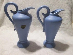 Vintage Camark Pottery Blue Pitcher Ewer Vase Matching Pair - Picture 1 of 8
