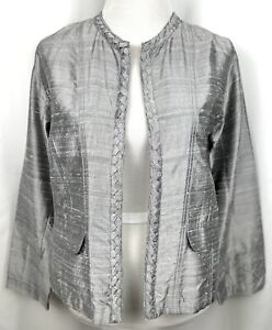 Chicos 1 (8/S) Silk Jacket Blazer Silver Metalic Open Front  Lightweight CoverUp