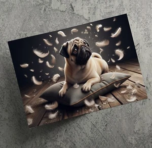 Mops saß auf Kissen Federn schwebend Poster Druck Wandbild Gemälde Bild - Bild 1 von 27