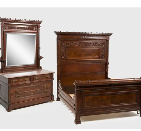 incredible burl walnut heavily carved victorian eastlake marble top bedroom set Cover