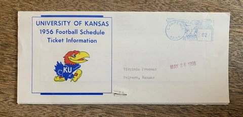 Vtg Kansas JAYHAWK FOOTBALL 1956 Ticket Schedule BROCHURE KU Mailer Cover
