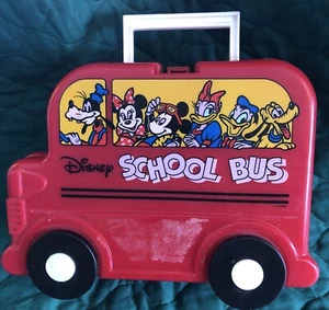 Vintage Disney School Bus Red Plastic Lunch Box No Thermos Mickey Minnie Goofy - Picture 1 of 8