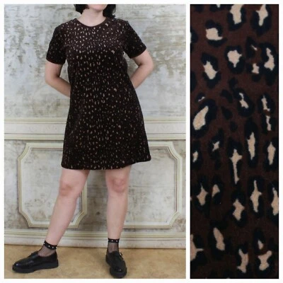 Vintage 1990s Shift Dress Leopard Print Velour Velvet Jumper Brown Grunge VTG M - Image 1 of 4