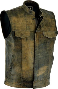 Mens SOA Style Black & Brown Distress Leather Biker Motorcycle Vest with Conceal - Picture 1 of 7