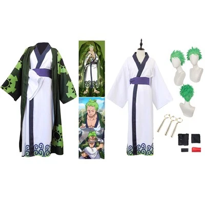 Roronoa Zoro Cosplay Kimono Halloween Gown Coat Robe+Synthetic Hair Wig+Ear Clip - Image 1 of 4