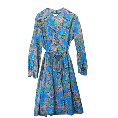 Vestido Camisa Vintage Mujer M Azul Paisley Plisado Años 60 Go Go Mod Flower Power Foto 1 de 4