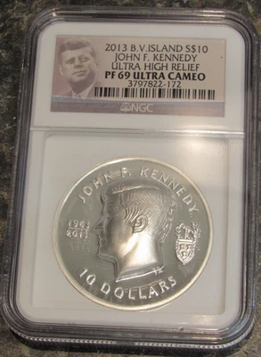 2013 British Virgin Islands John F. Kennedy Ultra High Relief NGC PF69 Ultra Cam - Image 1 of 4