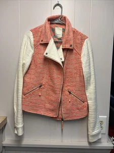 Elevenses Anthropologie jacket women Coral pink cream Tweed Moto Jacket Sz10 - Picture 1 of 11