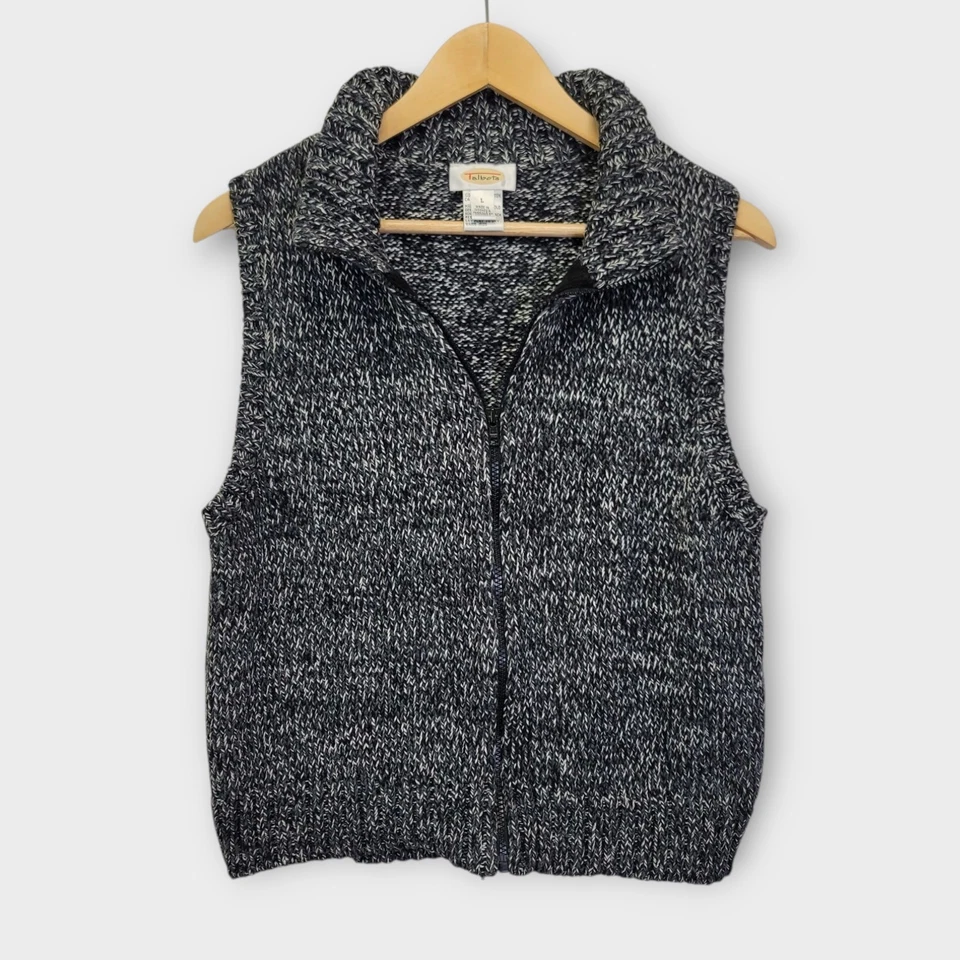 Colete Suéter Feminino Talbots Grande Preto Branco Cinza Malha Marled Zíper Completo - Imagem 1 de 4