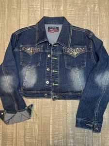 Impressions Blue Denim Style Jean Jacket Women's Size XXL 2X Rhinestones Crop - Picture 1 of 6