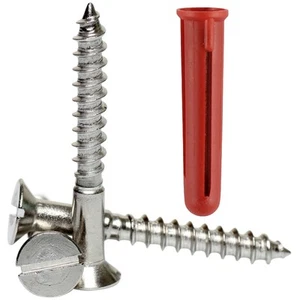 No8 4mm A2 Stainless Steel Slotted Countersunk Wood Screws Plus Red Wall Plugs - Picture 1 of 21