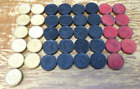 Vintage Wooden Checkers 40 Pieces black red white w/ Brach's chocolates box