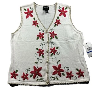 Vintage NWT Women Ugly Christmas Sweater Vest Embroidered Poinsettia XL X129 - Picture 1 of 7