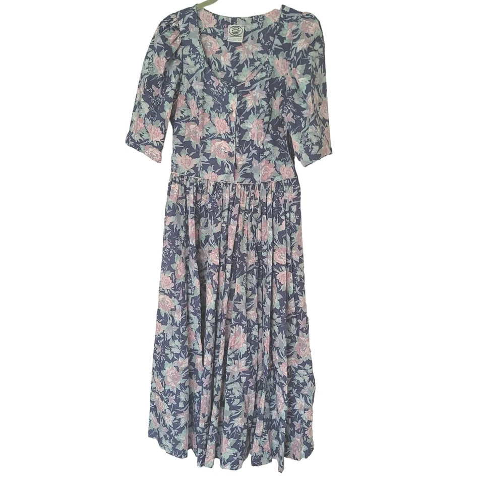 Vestido Floral Vintage Laura Ashley Bucólico Rosa Pastel Azul Manga Abullonada EE. UU. 8 UK10 Foto 1 de 4
